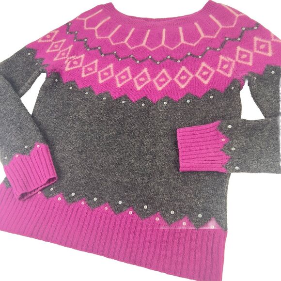 Vtg Wool & Angora Fair Isle Sweater Sz PS Pink Charcoal Gray Sequins Ultra‎ Soft - Picture 2 of 14